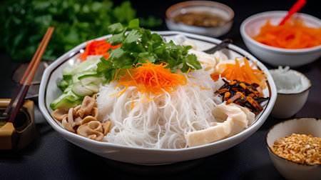 Rice vermicelli with vegetables on a black background.の素材