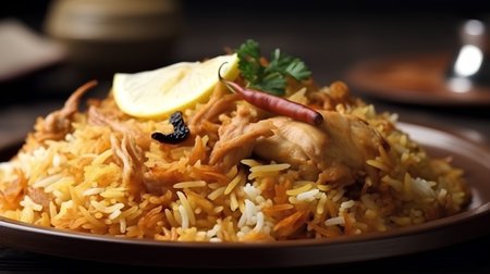 Biryani rice with chicken, traditional indian food, selective focusの素材