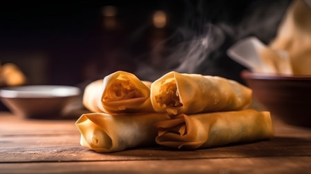 spring rolls on a wooden table, close-up, selective focusの素材