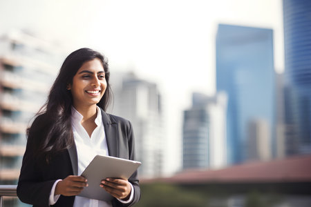 indian businesswoman using tablet in the city with skyscrapersの素材