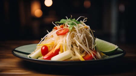 Papaya salad on wooden table, close-up. Asian foodの素材