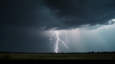 Lightning strikes over a field in the evening, thunderstorm.の素材