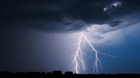 Lightning strike in dark stormy sky, thunderstorm and lightningの素材