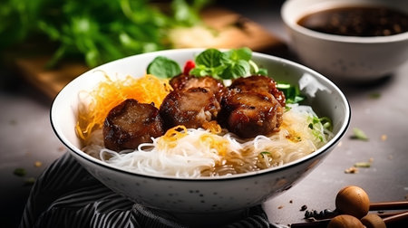 Rice noodles with pork in a bowl on a dark background.の素材