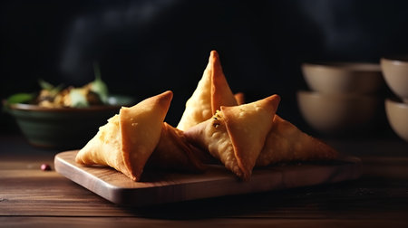 fried samosas on wooden table, closeup, shallow dofの素材