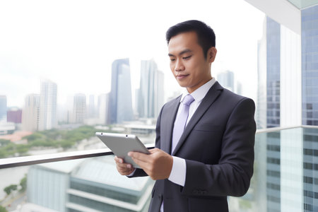 businessman using tablet computer on the balcony with cityscape background, asianの素材
