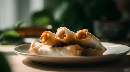 Fried spring rolls on a white plate. Selective focus.の素材