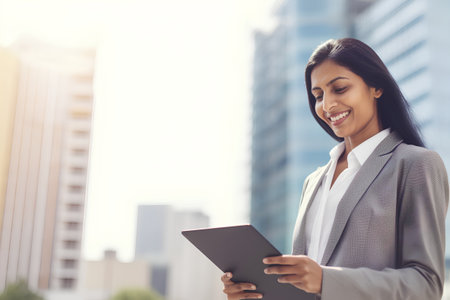 Portrait of a smiling businesswoman holding a tablet computer in the cityの素材