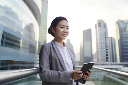 Businesswoman use of digital tablet in the city background, asianの素材