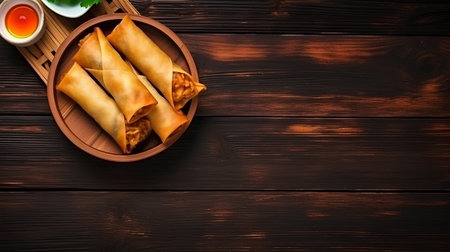 Fried spring rolls on wooden table. Top view with copy spaceの素材