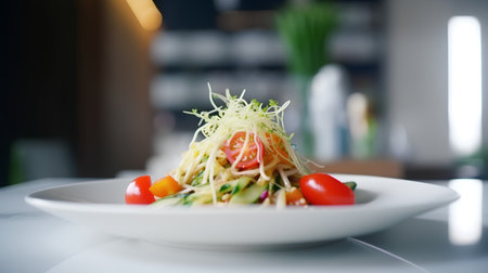 salad with cucumber, tomato and cheese on a white plateの素材