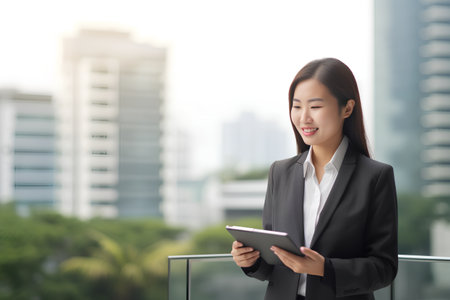 business woman use digital tablet on the balcony with city background, asianの素材