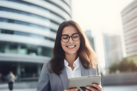 Portrait of a smiling businesswoman in eyeglasses using digital tablet outdoorsの素材