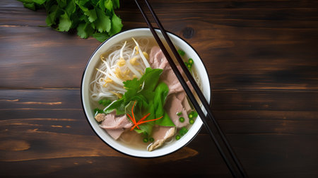 Vietnamese soup pho with pork and vegetables on dark wooden backgroundの素材