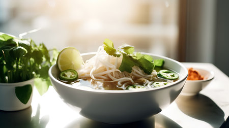 Rice noodle soup in white bowl on wooden table with sunlight.の素材