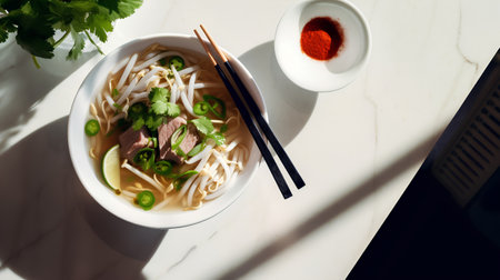 Asian style noodle soup with beef and vegetables in white bowlle tableの素材