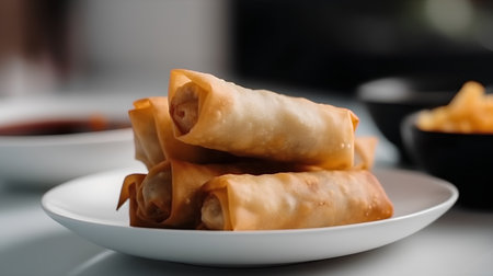 Fried spring rolls on a white plate with sesame seeds.の素材