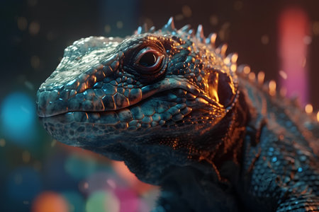 Blue iguana lizard close-up on a dark background. 3d renderの素材