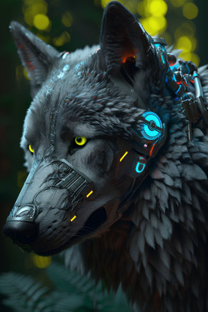 3D rendering of a futuristic wolf with neon lights in the backgroundの素材