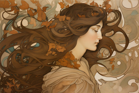 Beautiful girl with autumn leaves in her hair. Vector illustration.の素材