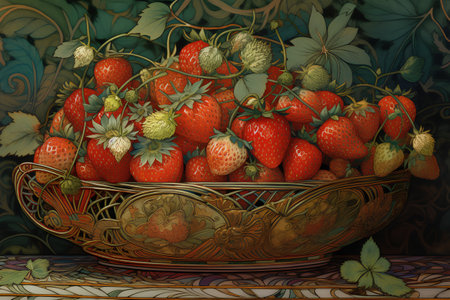 Strawberries in a bowl on a decorative background. Vector illustration.の素材