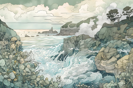Beautiful seascape. Hand drawn vector illustration in sketch style.の素材