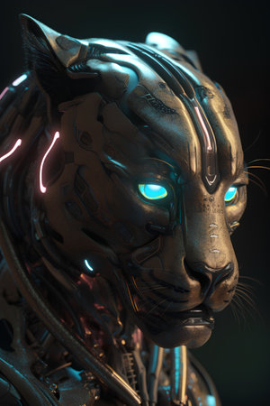 3D rendering of a female robot with glowing eyes on dark backgroundの素材