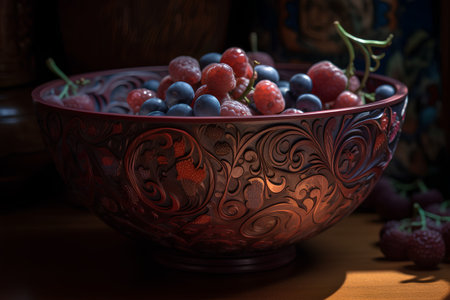 Frozen berries in a bowl on a wooden table. Toned.の素材