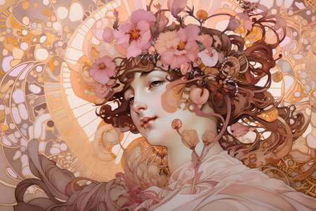 Beautiful girl in a wreath of flowers. Fantasy illustration.の素材