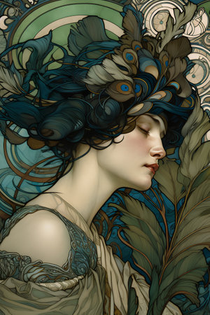 Fantasy illustration of a beautiful woman with a wreath on her head.の素材