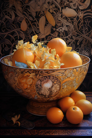 Oranges in a golden bowl on a wooden background. Toned.の素材