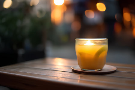 Glass of orange juice on a wooden table in a cafe. Selective focus.の素材