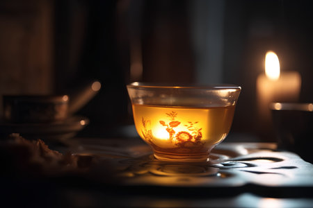 A cup of green tea on the table in a dark room.の素材