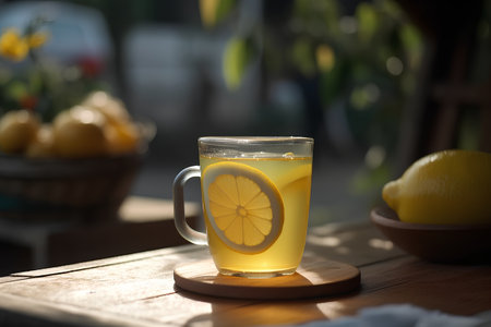 Cup of tea with lemon on a wooden table in the gardenの素材