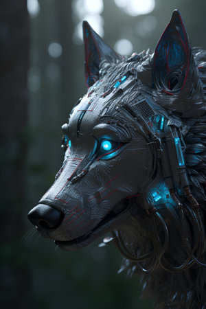 3D rendering of a fantasy wolf in a dark forest with neon lightsの素材