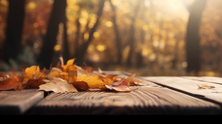 Wooden table with autumn leaves on the background of the autumn forestの素材