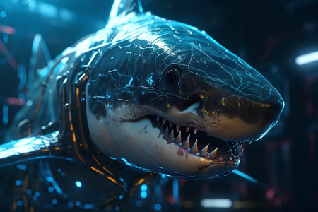 3D rendering of a shark in a futuristic space. Futuristic background.の素材