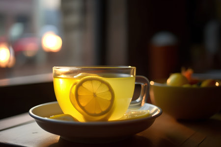 Cup of tea with lemon on a wooden table in the eveningの素材