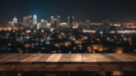 Empty wooden table over blurred cityscape background, product display montageの素材