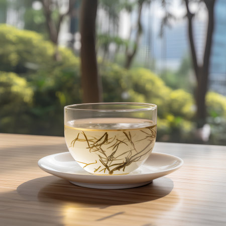 Cup of green tea on wooden table with blurred background, 3d renderの素材