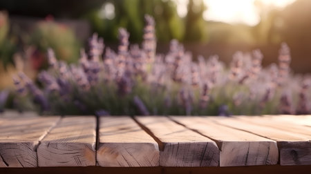 Wooden table in front of lavender flowers. Selective focus.の素材