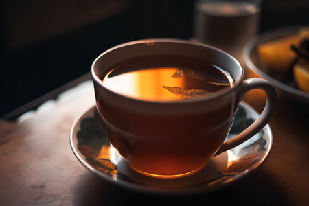 Cup of tea with mint on wooden table. Selective focus.の素材
