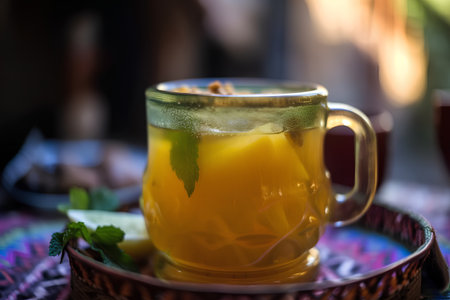 Mint tea with lemon, mint and ice in a glass cupの素材