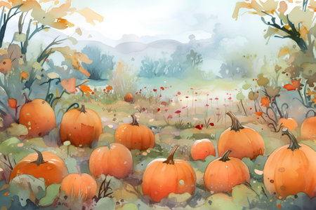 Watercolor autumn landscape with pumpkins. Hand painted illustration for your designの素材