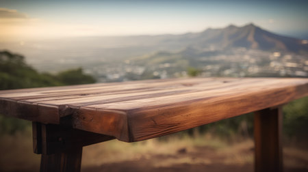 Wooden table on top of the mountain with view to the cityの素材