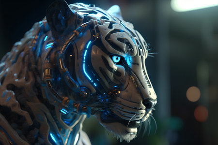 Tiger head with neon lights. 3D rendering. Futuristic concept.の素材
