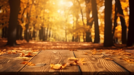 Wooden table with autumn leaves on the background of the autumn forestの素材