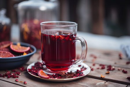 Hot hibiscus tea in a glass cup on a wooden tableの素材