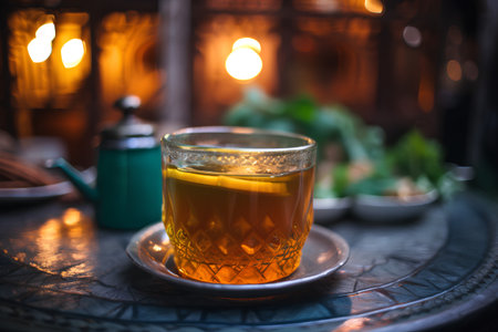 A cup of tea on the table in a cafe. Selective focusの素材