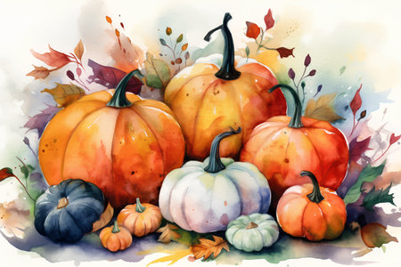 Watercolor pumpkins and autumn leaves on white background. Hand drawn illustrationの素材